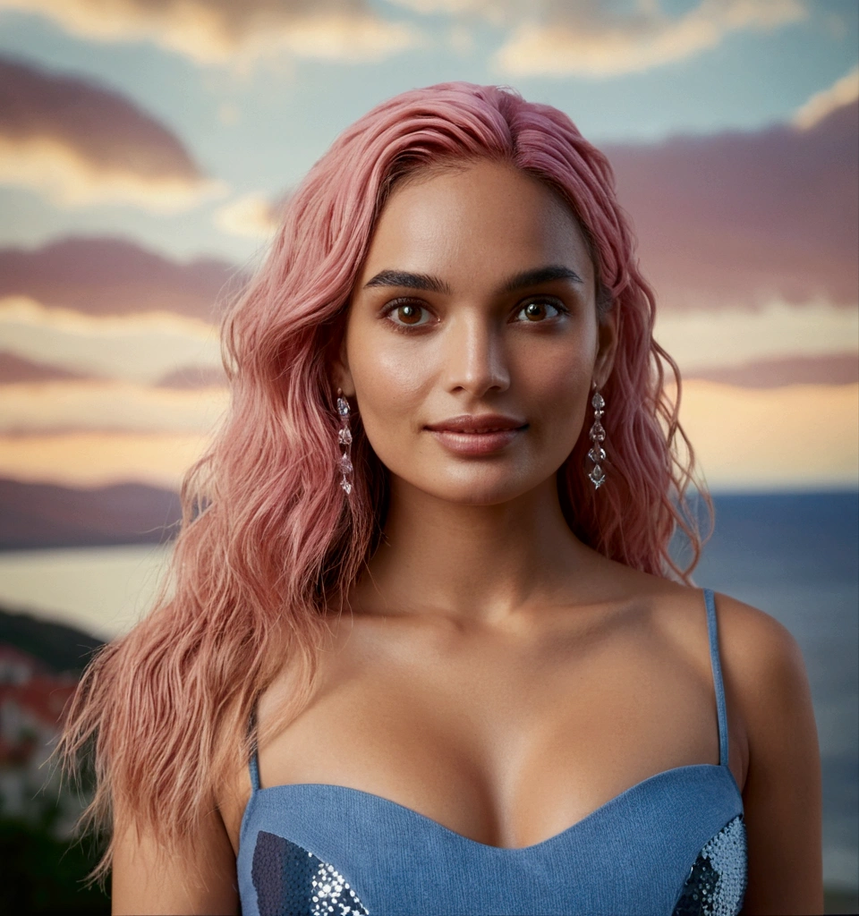une photographie de (1fille, 21 ans, Sourire séduisant), zh_mariamdomark, seulement, Réaliste, yeux marrons, cheveux roses, cheveux longs, regarder le spectateur, Résistant (haut à sequins et pantalon de créateur), du côté,