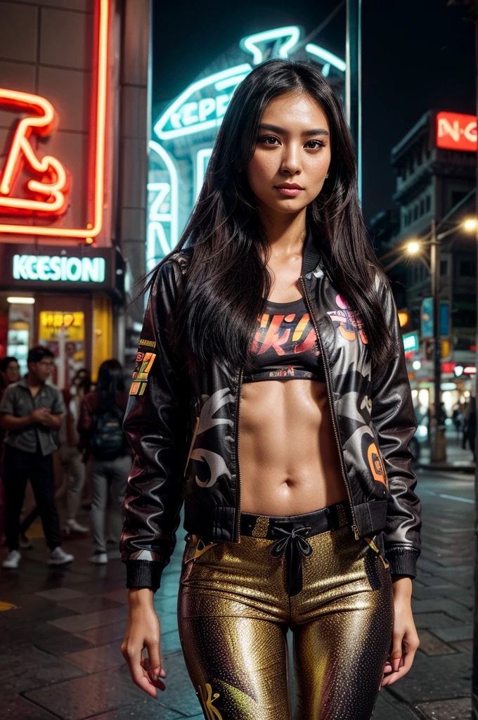 [[((young attractive Singaporean woman with strong Chinese Asian influence, a brown tanned complexion, long straight dark black hair, striking almond-shaped dark brown eyes, and a  frame:1.6)), ((Sophie Tan:1.5)), standing confidently on a busy street corner, surrounded by bright neon signs and a lively crowd. She is wearing a ((bold, graphic-print jacket and slim-fit pants with neon detailing:1.4)). Her accessories include large, statement earrings and a high-tech visor. The scene is captured with a ((full-frame DSLR:1.4)) using a ((50mm prime lens:1.4)) for a close-up, fashion-oriented perspective. Professional lighting enhances her natural features and the vibrant colors of her outfit. The image should be in ((8K resolution:1.5)) with ((hyper-realistic detail:1.6)), focusing on the intricate details of her outfit, accessories, and the vibrant neon city background. The overall vibe is cinematic, with a blend of fashion and urban energy, creating a stunning, visually captivating effect.]]