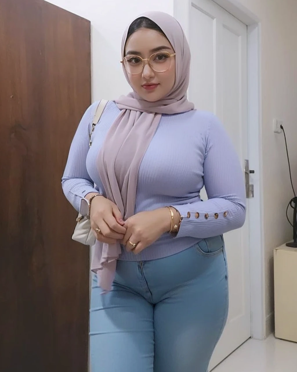 araffe woman in a hijab poses for a picture, thick body, wide hips, skinny waist and thick hips, thicc, beautiful thick female, she has a jiggly fat round belly, thick glasses, thick, wearing tight simple clothes, lovely woman, her belly is fat and round, curvy figure, thick thigs, attractive feminine curves, large hips