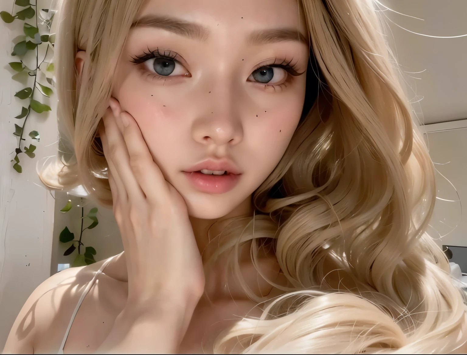 A close-up of a woman with long blonde hair and a white dress, blonde hair and big eyes, long blonde hair and big eyes, long blonde hair and big eyes, korean girl, South Korean popular makeup, ig model | artegerm, Popular Korean makeup, beautiful aesthetic face, Beautiful young Korean woman, realist. Cheng Yi, beautiful south korean woman