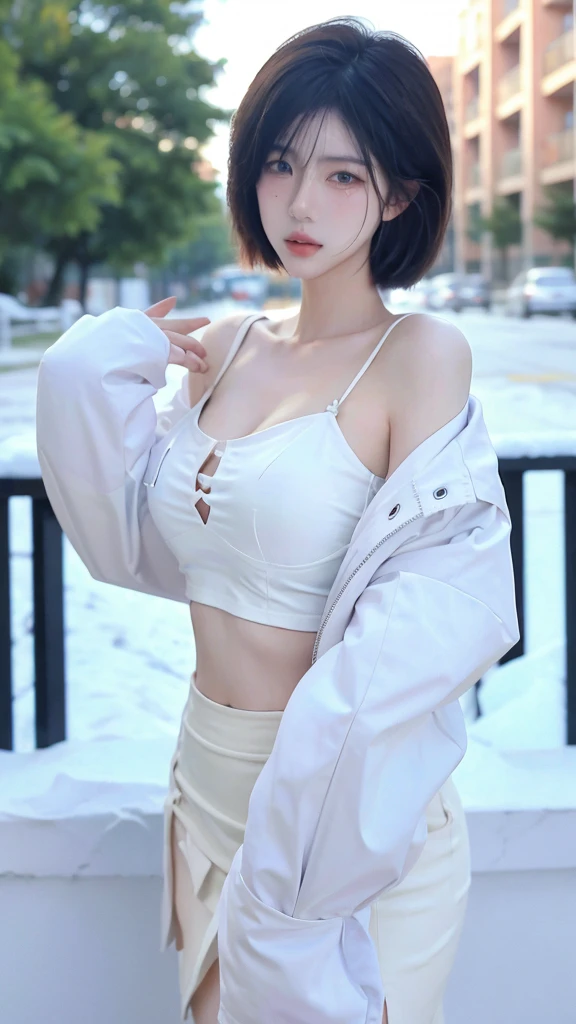 Beautiful woman with perfect figure:1.4,snow,Touching butt with both hands,snow背景,Layered Hairstyle,White skin,Prominent cleavage,Pleated Skirt,whole body,Very delicate face and skin texture,Double eyelids,Skin Whitening,Long white hair