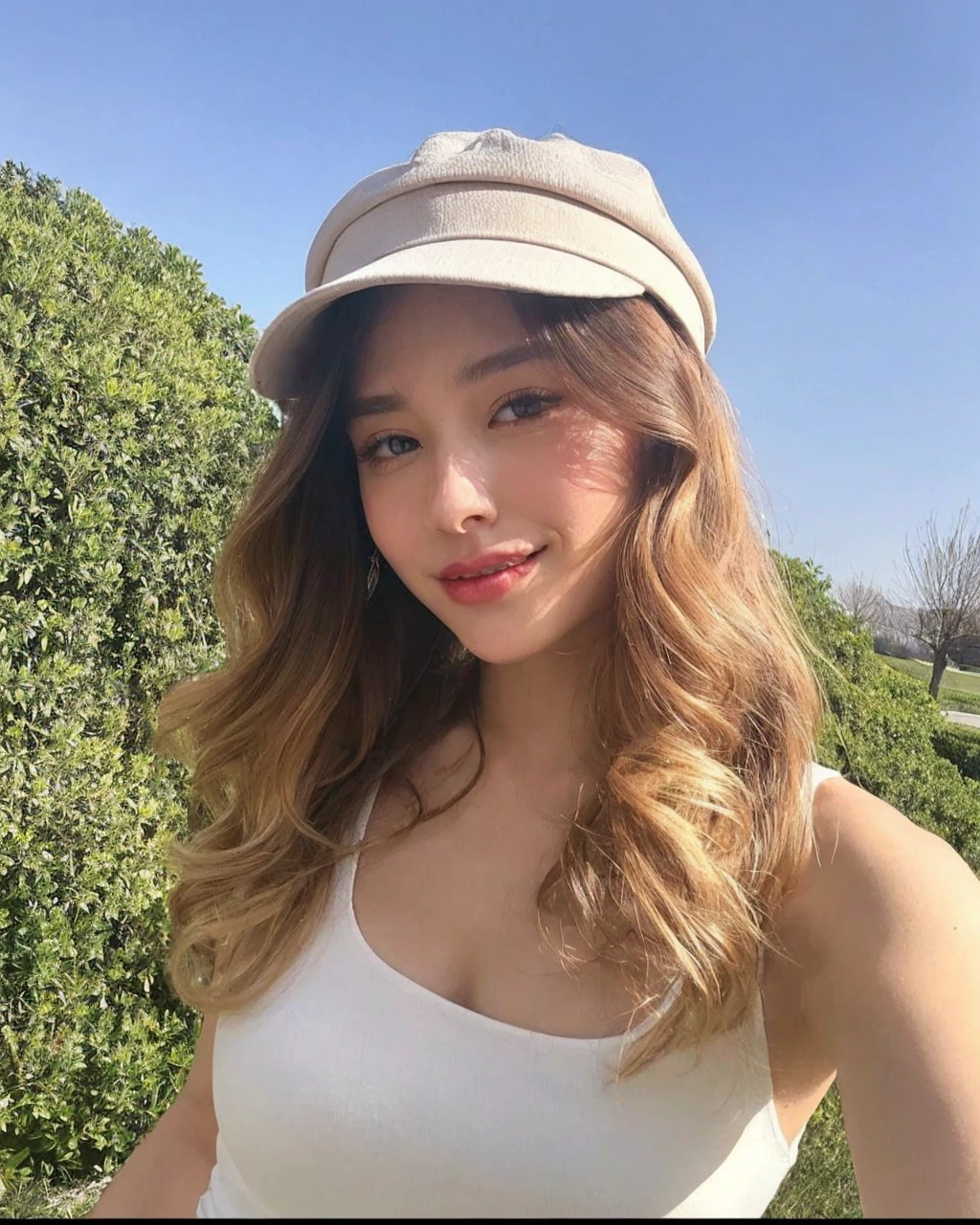 (realisticlying, A high resolution:1.3), 1 girl with a perfect body, Super fine face and eyes,long whitr hair, Tank top of random colors:1.2, short jeans pants, in a cafe, Coffee on the table, huge tit,