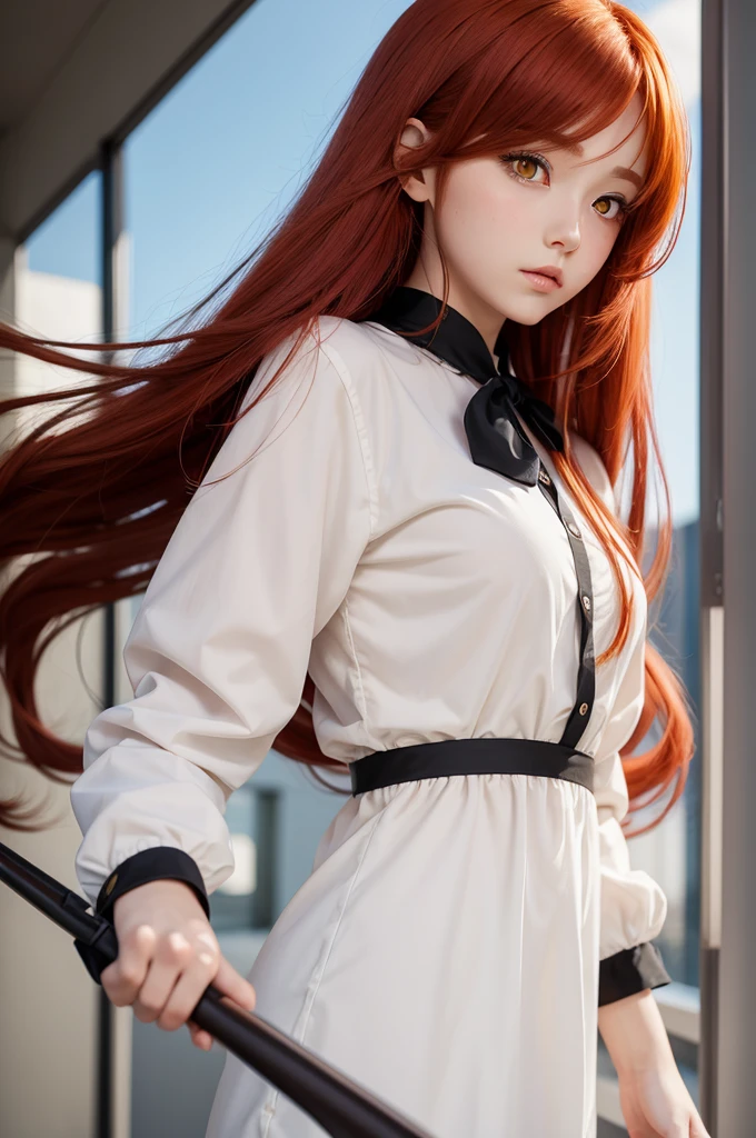 Make a long hair redhead anime girl with a bow, with yellow eyes , a shirt with long sleeves, holding a spear