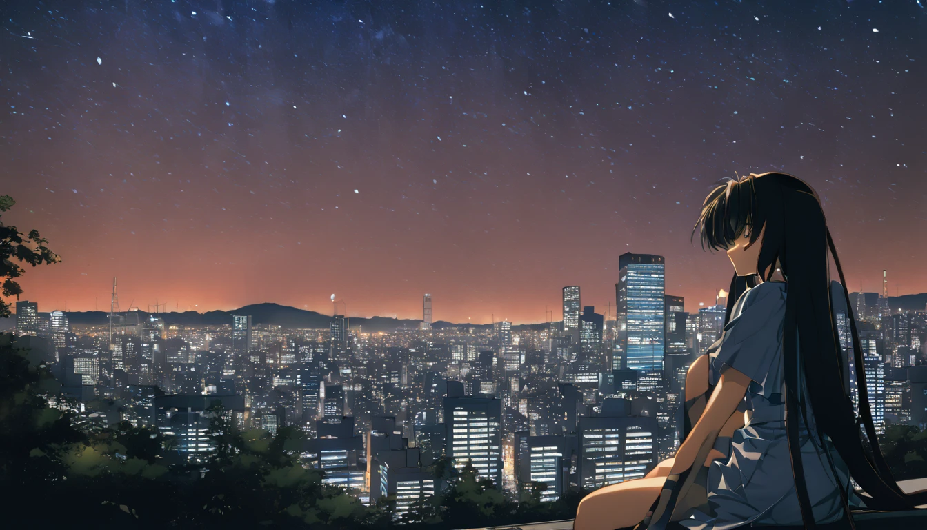 octans, sky, star (sky), scenery, starry sky, night, 1girl, night sky, solo, outdoors, building, cloud,  sitting, tree, long hair, city, silhouette, cityscape,City from a distance, tokyo, city billboard,  the sky,20歳********
