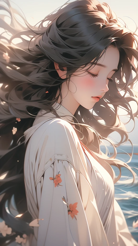 a close up view of a girl with her hair blowing in the wind, 1girl, long hair, solo, upper body, closed eyes, long sleeves