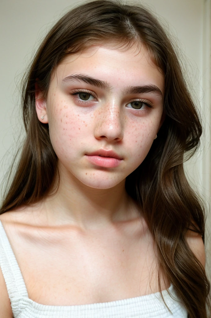 really pretty girl. Brown hair. Innocent face. Straight looking to the camera. Facing the camera. Grey eyes. Freckles. Unique face. Beautiful eyes. Thick dark eyebrows. Really Thin nose. Freckles and nice skin. Big cheekbones. Thin eyes. Tiny upper lip. Fat bottom lip. Thick dark eyebrows. Beautiful
