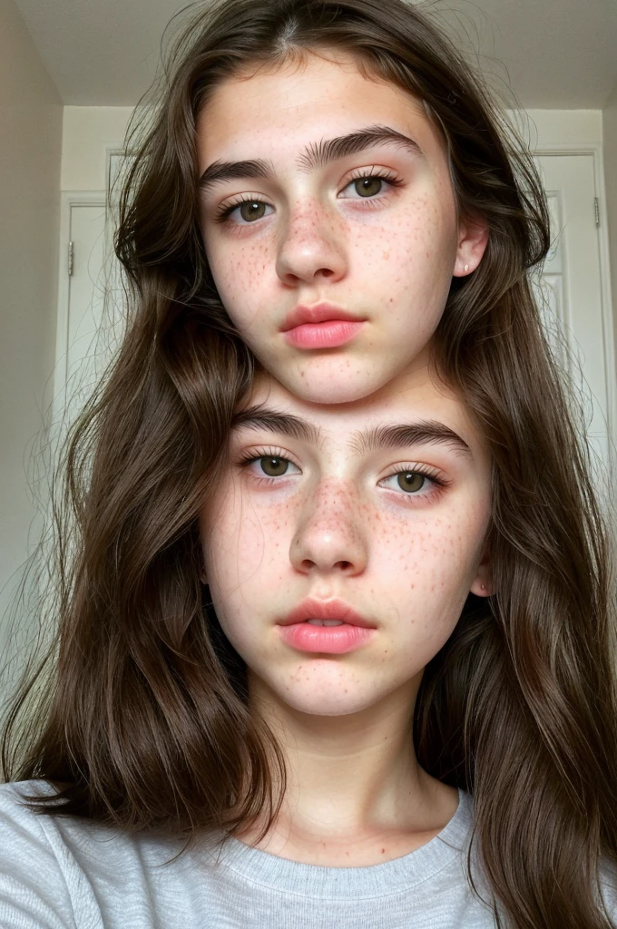really pretty girl. Brown hair. Innocent face. Straight looking to the camera. Facing the camera. Grey eyes. Freckles. Unique face. Beautiful eyes. Thick dark eyebrows. Really Thin nose. Freckles and nice skin. Big cheekbones. Thin eyes. Tiny upper lip. Fat bottom lip. Thick dark eyebrows. Beautiful