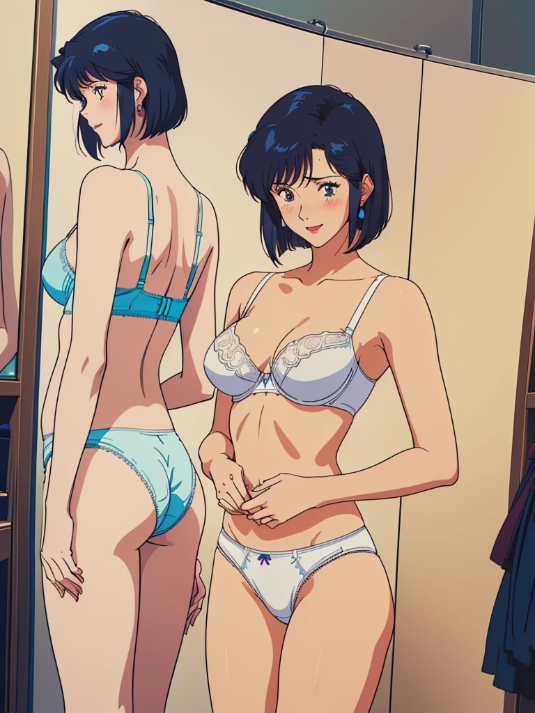 masterpiece, top quality, ultra detailed, (((((NOGAMI_SAEKO, bob cut), (SUMERAGI_AIKA), best anatomy, in underwear, (panties, elaborately designed luxury panties for adults, panties high definition images, draw panties with super precision), lace trimmed bra, extremely detailed texture, earrings, red lip, embarrassed, blush, smile)))), cowboy shot, (((underwear in dressing room))), white skin, (presenting panties), (display panties:1.5),holding panties with both hands