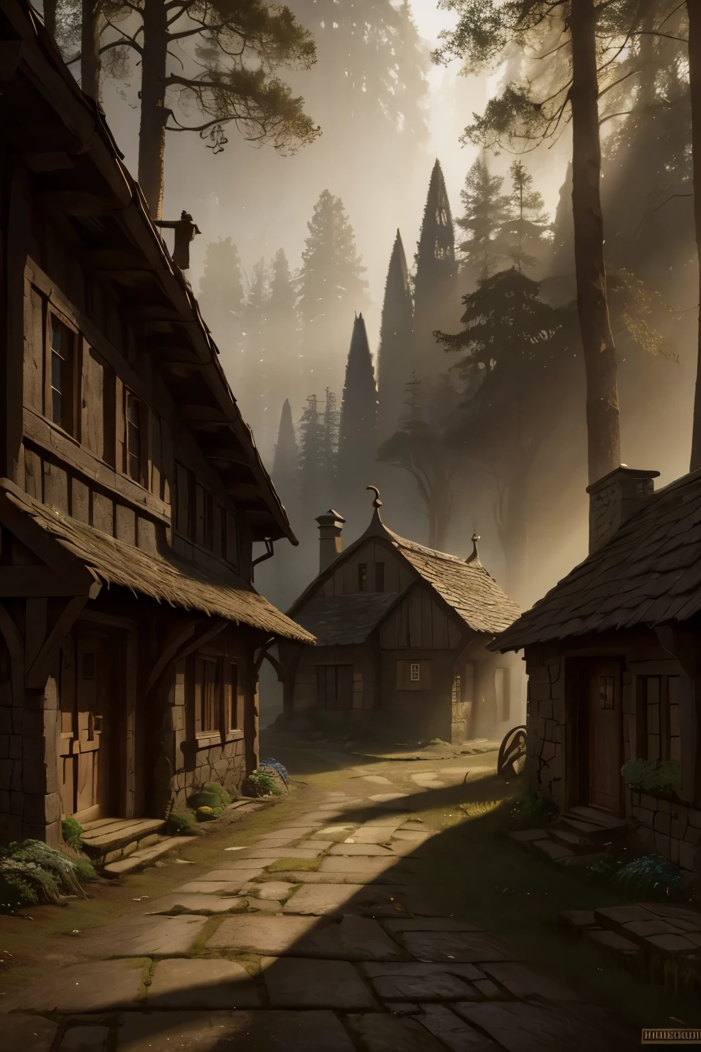 realistic dark oil painting of a medieval village at sunrise, mossy, mist, foggy, shadows, misterious, mithical, dark, rays of light shines trough the woods, ambient, depth of field, volumetric lighting, cinematic lighting, moody, heavy darkness, black sky, low angle perspective, by Eyvind Earle