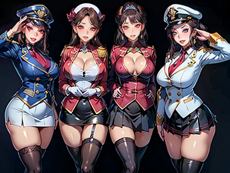 several girls, group photo, 5girls, standing, (salute), gold earrings, Big breasts, Jewelry, military cap, (military uniform), (epaulet), Jacket, curb, thigh strap, black thigh-high boots, (layered skirt), mini skirt, corruption, empty eyes, half-closed eyes, evil smile, no students, Smirk, 1 girl, ((mother)), mature woman, Married woman, dark theme, dark man, dent in the skin, wide hips, sfw