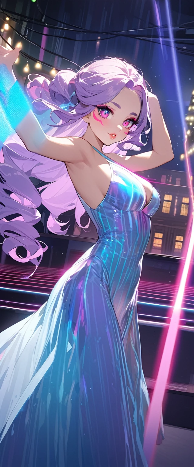 Highest quality、High resolution、Detailed Background、Beautiful face in every detail、Detailed facial expressions、Beautiful women in their 20s、Brightly colored hair、Long Hair、Wavy Hairstyle、Cute Eye Makeup、Cute Lip Makeup、Perfect body line、Vibrant、(Beautiful woman dancing in a holographic laser dress under the lights:1.5)、
Dance to the rhythm with relaxed steps to impress.、Eyes that everyone admires、Bodycon Dress、It&#39;s also a good idea to incorporate glamorous details such as lace and metallics.、Add subtle accents with necklaces, earrings, rings, etc.、very beautiful