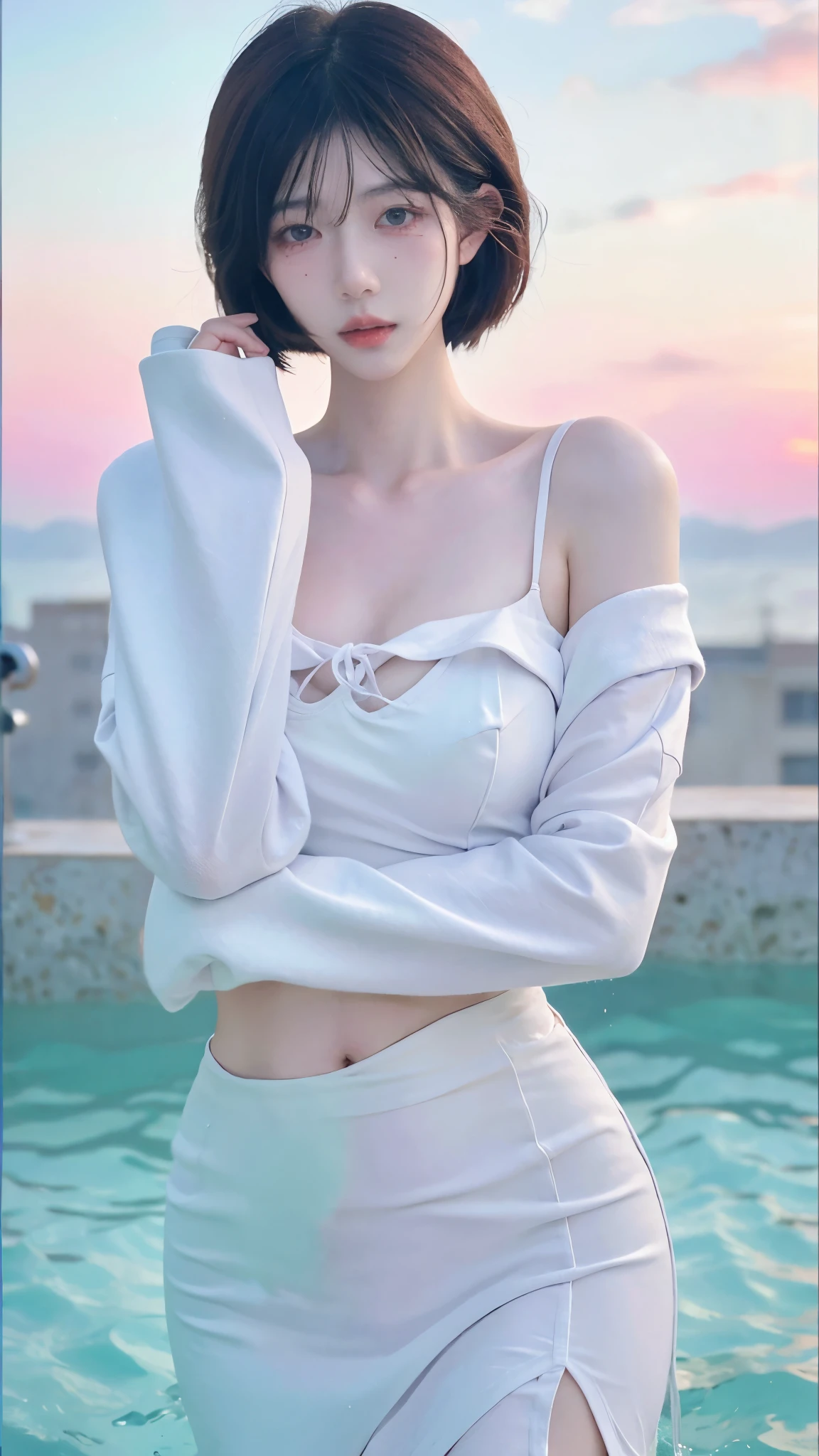 Beautiful woman with perfect figure:1.4,Swimming background,Desert Background,Ultra-high resolution,Seductive laughter,wear glasses,White legs,(lifelike:1.4),Layered Hairstyle,White skin,Black mini pleated skirt,whole body,Very delicate face and skin texture,Double eyelids,Skin Whitening,Long hair,White hair,White,