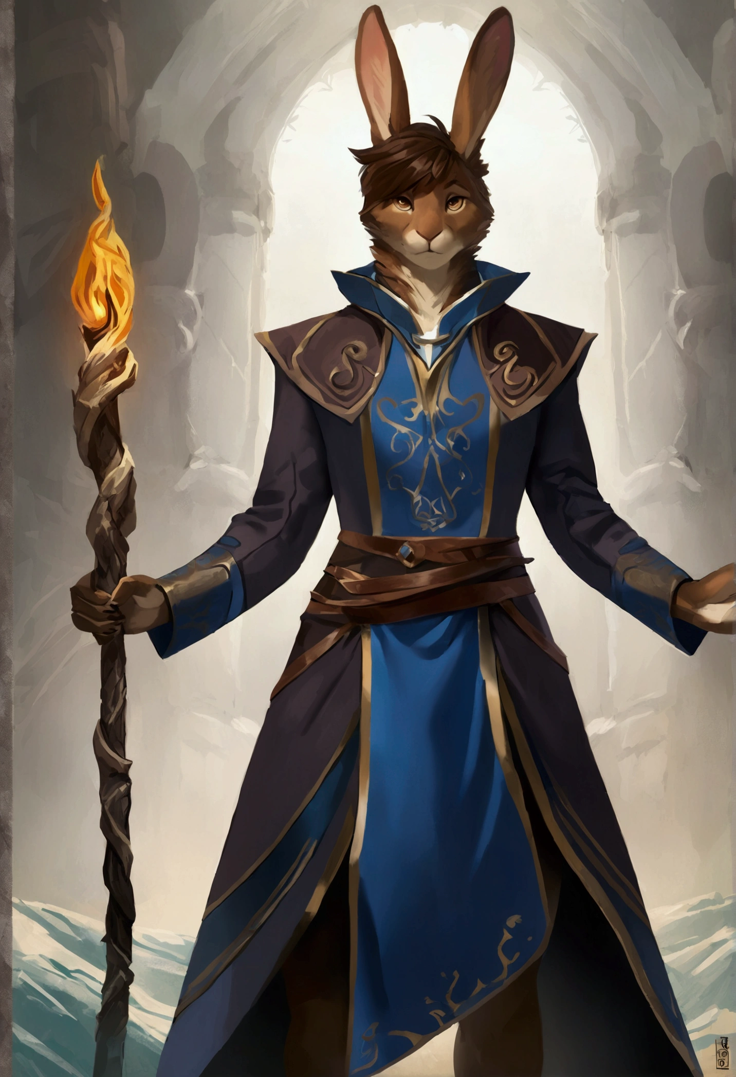 ,(Solo), concept art, anthro male rabbit, brown fur, brown hair, mage, clothes, single character, facing front, looking at viewer, reference