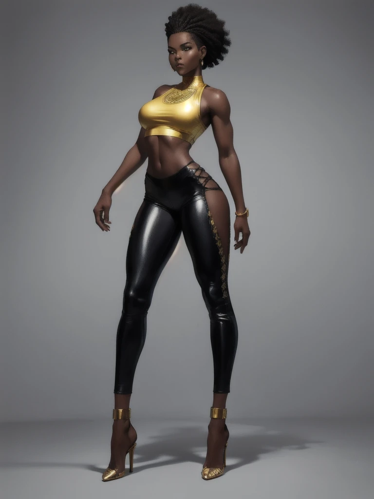 ((best quality)), ((4k)), ((highres)), ((masterpiece:1.2)). ((detailed)), ((ultra realistic)), ((intricate details)), ((full body picture)), ((solo character)), a full body picture of a beautifull Ebony skinned female, black woman, dark skin, perfect face, detailed eyes, detailed lips, about 25 years old, about 5'5 ft. tall, punk black woman, punk style, side shaved hair ((emphasis on her side shaved hair)), side-shaved afro hair style, ((emphasis on her side-shaved afro hair style)), muscular body, hourglass body type, thick and muscular, dressed in a golden top ((emphasis on her gold tank top)), and black leather pants, high heels, fighting game character concept art, tekken character design, the king of fighters character concept, full bofy, full body concept art, full body art