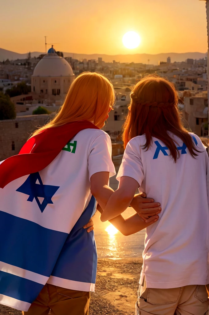 The scene starts to get brighter, with the sun rising in the background. The people of Israel are united, holding each other's hands
