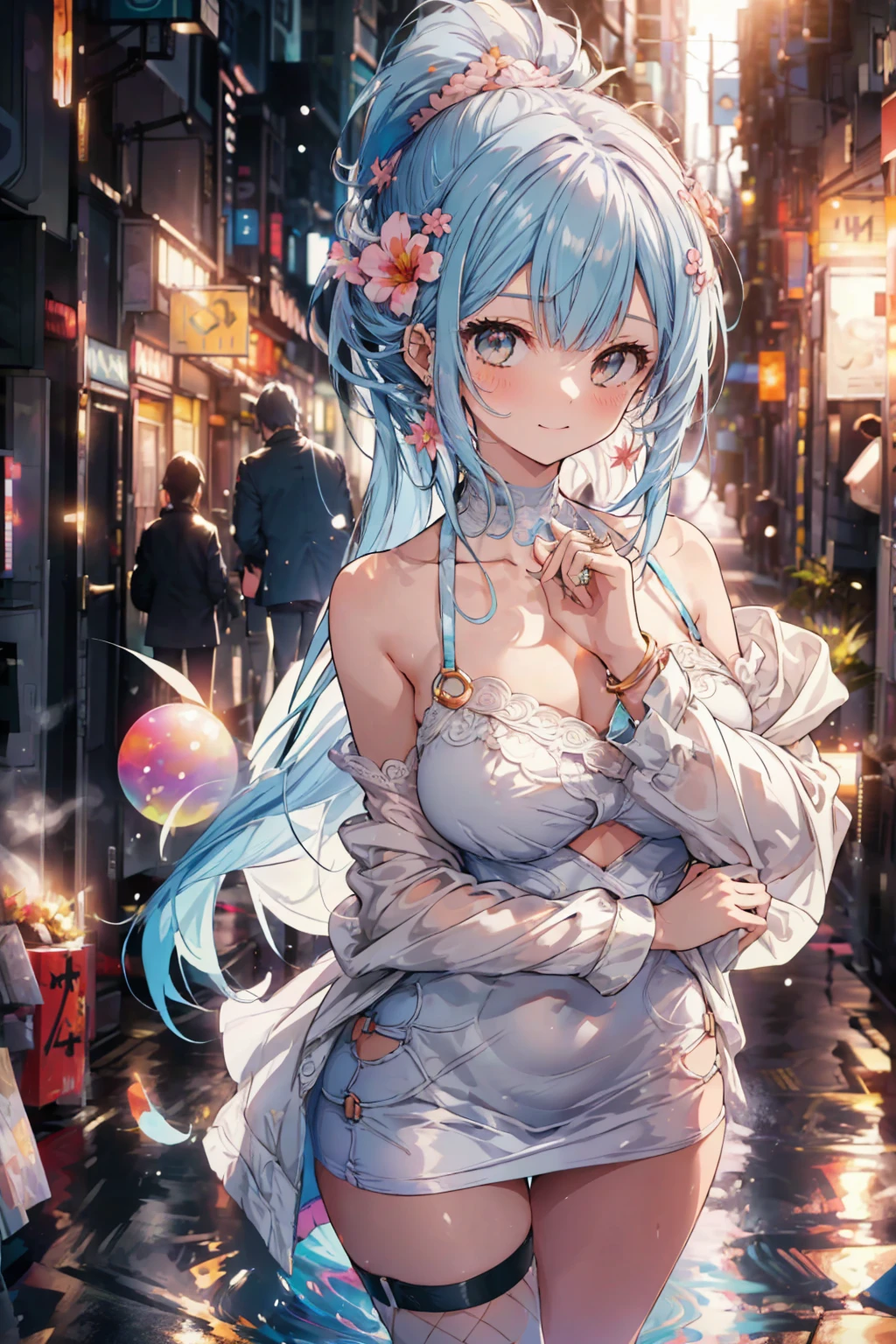 (masterpiece), (Highest quality), (Super detailed),(Disheveled Hair),(figure), (One girl), (bodycon), Are standing, Fashion Model, View your viewers, (interview), (Simple Background),Beautiful attention to detail, Delicate and beautiful face, floating,(High saturation),(Colorful splashes),Colorful Bubbles,(The Shining), Focus on the face, ponytail, kamisato ayaka, Light blue hair, bangs, Hair Ring, Floating Flowers, Floating hair, (The Shining), Best lighting, Best Shadow,