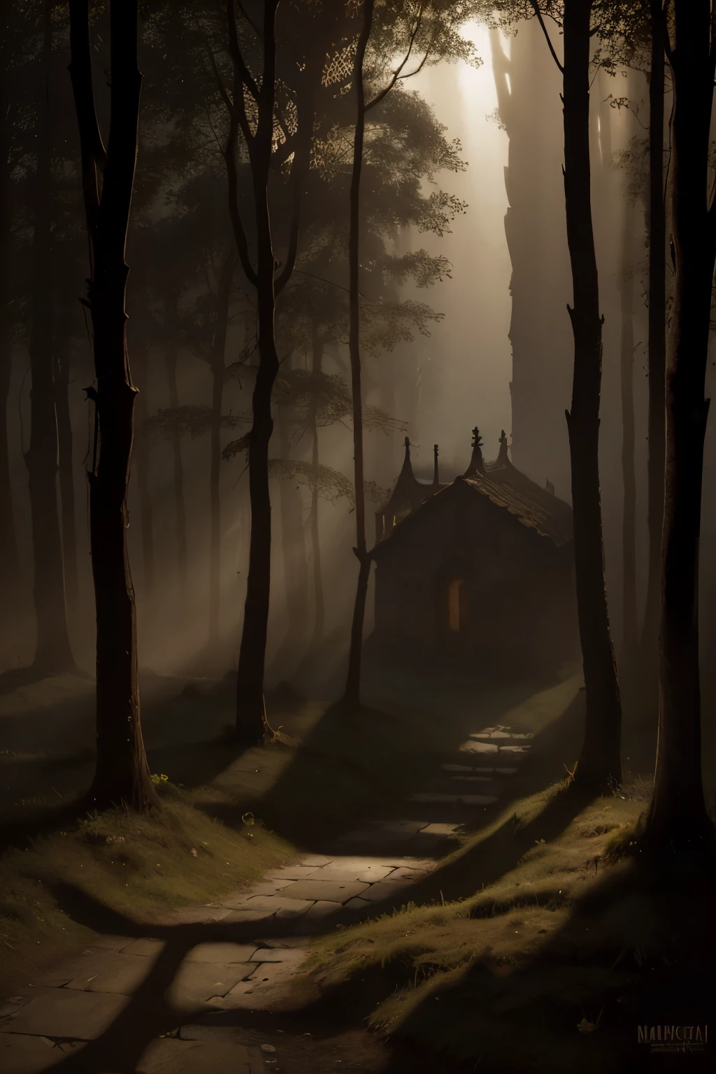 realistic dark oil painting of a medieval village at sunrise, mossy, mist, foggy, shadows, misterious, mithical, dark, rays of light shines trough the woods, ambient, depth of field, volumetric lighting, cinematic lighting, moody, heavy darkness, black sky, low angle perspective, by Eyvind Earle