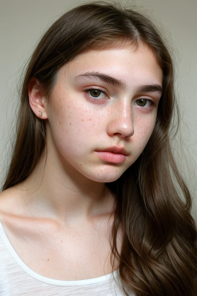 really pretty girl. Brown hair. Innocent face. Straight looking to the camera. Facing the camera. Grey eyes. Freckles. Unique face. Beautiful eyes. Thick dark eyebrows. Really Thin nose. Freckles and nice skin. Big cheekbones. Thin eyes. Tiny upper lip. Fat bottom lip. Thick dark eyebrows. Beautiful. Slanted eyes