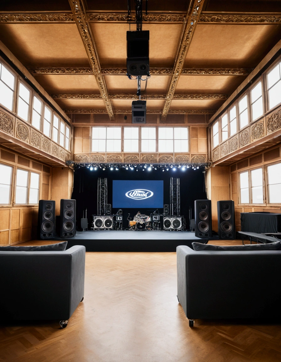 Box, stage, sofa, show, Bistro, automotive event, DJ Stage, closed space, cars, large loudspeakers, monitors, large windows, speakers, paneled walls, random motifs
