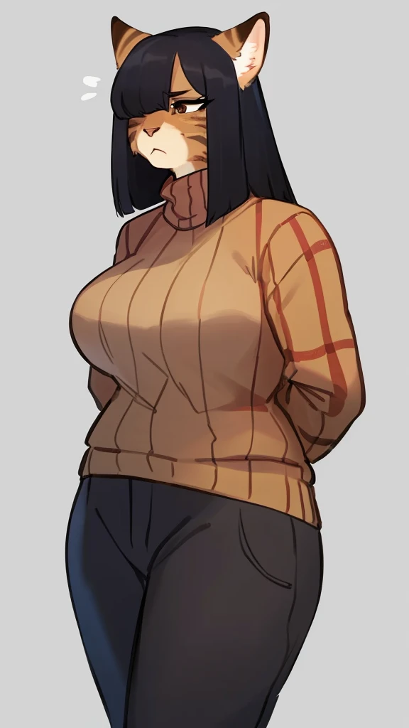 By furlana, By bebebebebe, by lostgoose, by goonie-san, solo, standing, female, ursine, bear, ((snout, hair)), dark fur, stripes, ((detailed eyes, muscular)), big breasts, wavy hair, hairbun, striped sweater, crop top, underboob, thong 