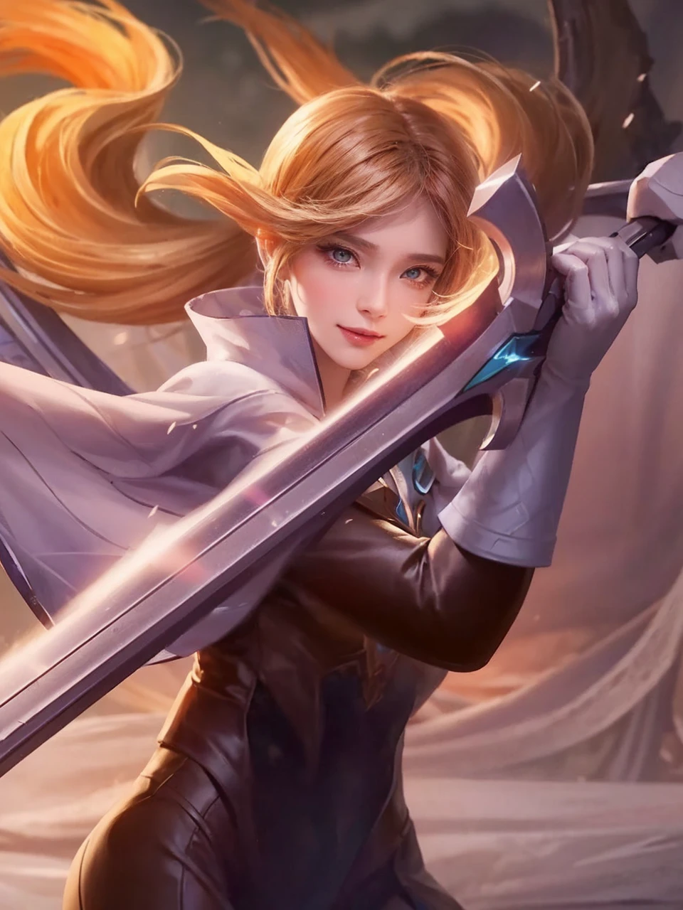 Realistic, Lunox from Mobile legends, ultra detail, high quality, masterpiece, ultra hd, perfect face, perfect detail, fokus high detail, detail face, smile