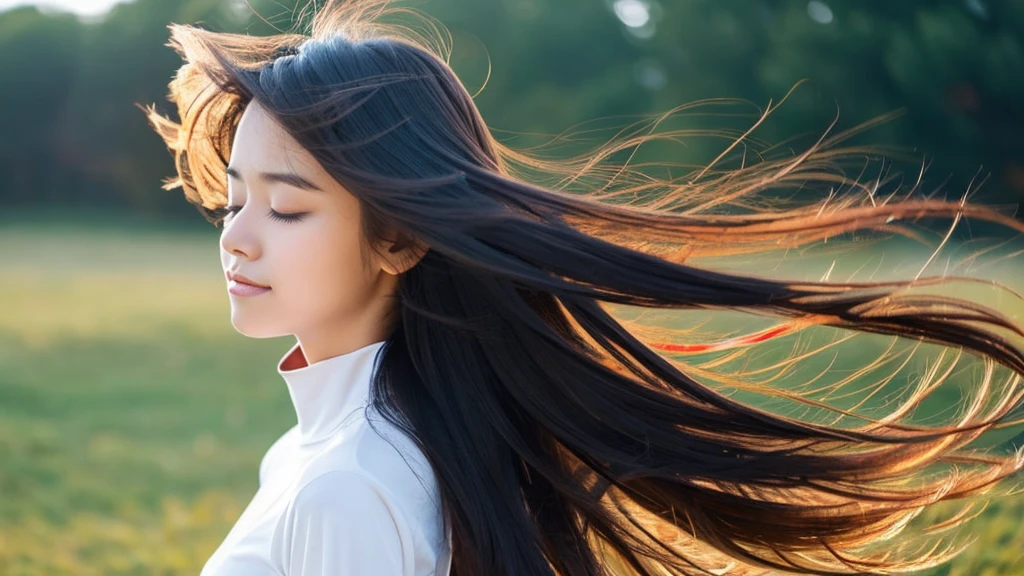 a close up view of a girl with her hair blowing in the wind, 1girl, long hair, solo, upper body, closed eyes, long sleeves