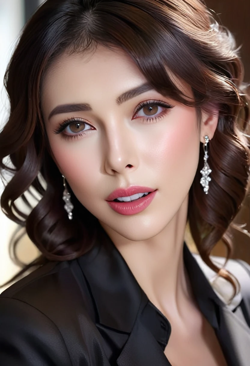 (masterpiece, best quality: 1.2), 1wavy hair secretary,Sexy eyes,Head close-up,Wet sexy lips,A lot of saliva ,earrings((Black business clothes))