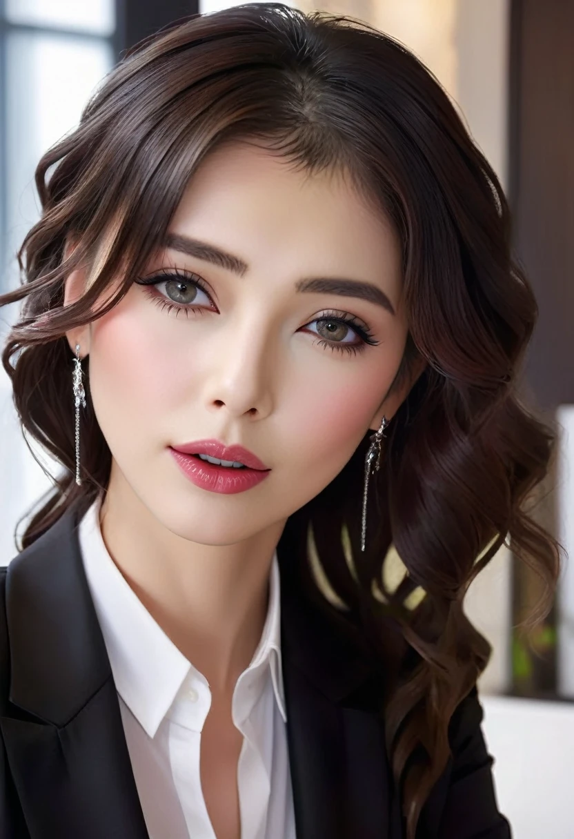 (masterpiece, best quality: 1.2), 1wavy hair secretary,Sexy eyes,Head close-up,Wet sexy lips,A lot of saliva ,earrings((Black business clothes))