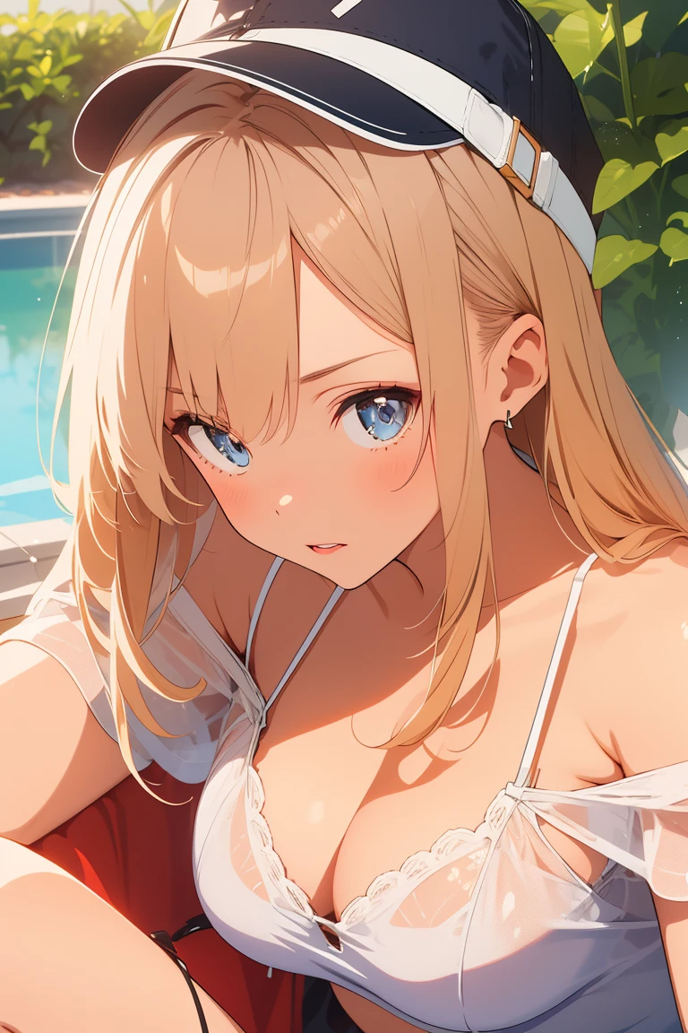 visual anime of a cute girl, best anime girl, Ecchi anime style, seductive lady, Big ,two blonde tails,detailed eyes and face,detailed lips,Beautiful detailed eyes,with white visor cap,White mini skirt,she wearing a white t-shirt,She is wearing a short-sleeved T-shirt with a low neckline and a black bra.., playing golf in a seductive pose.
