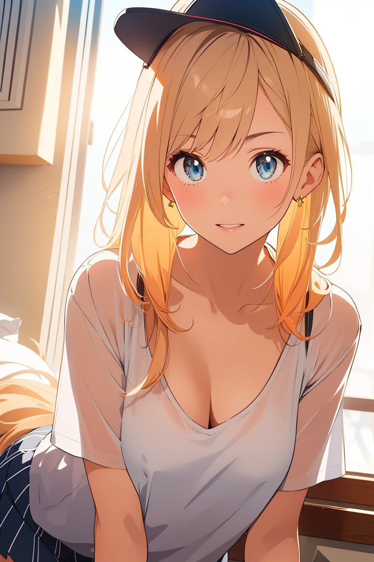 visual anime of a cute girl, best anime girl, Ecchi anime style, seductive lady, Big ,two blonde tails,detailed eyes and face,detailed lips,Beautiful detailed eyes,with white visor cap,White mini skirt,she wearing a white t-shirt,She is wearing a short-sleeved T-shirt with a low neckline and a black bra.., playing golf in a seductive pose.
