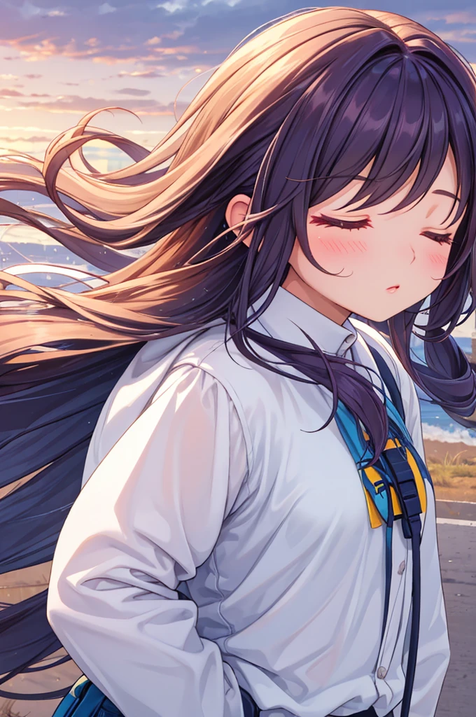 a close up view of a girl with her hair blowing in the wind, 1girl, long hair, solo, upper body, closed eyes, long sleeves