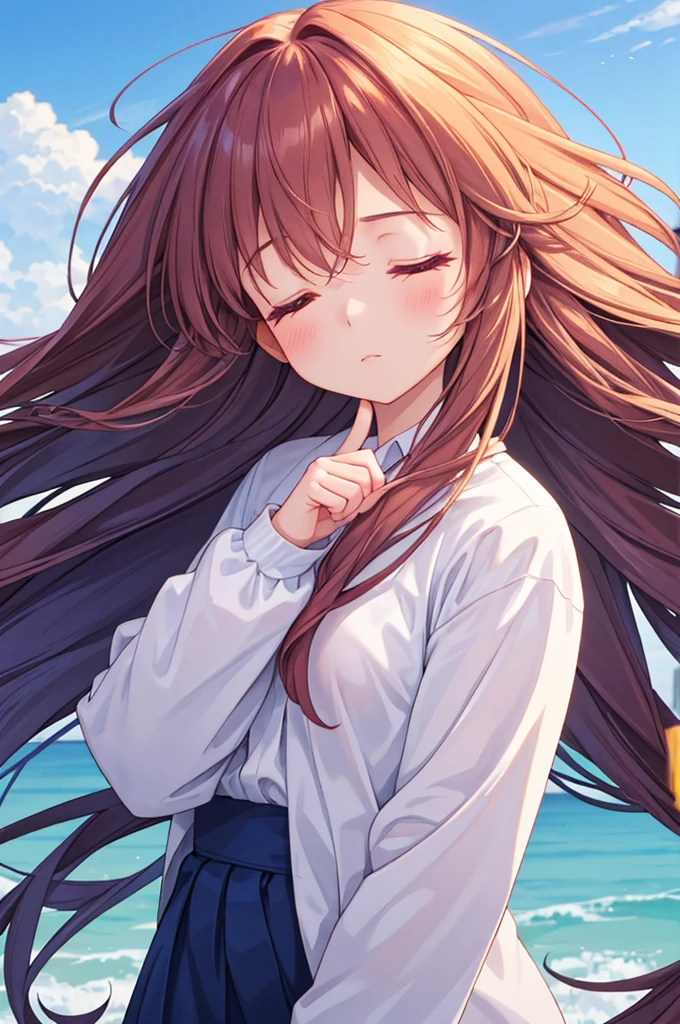 a close up view of a girl with her hair blowing in the wind, 1girl, long hair, solo, upper body, closed eyes, long sleeves