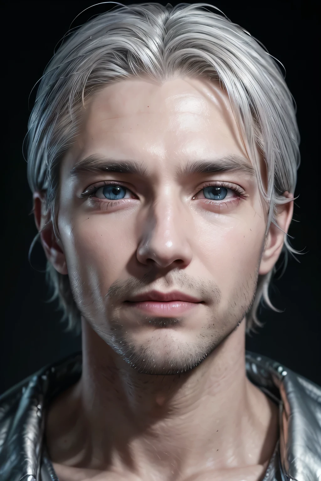 man 35 years old, silver hair, raised eyebrows, eyeball, sparkling eyes, wide eyes, light smile, modern, Hyperrealism, cinematic lighting, UHD, high details, super detail, anatomically correct, accurate, highres