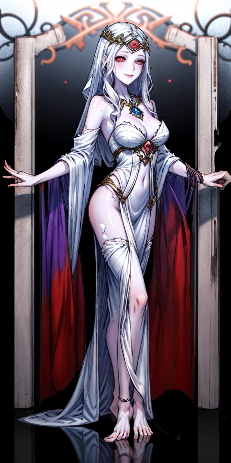 Body position: Standing, straight, symmetrical, barefoot, Lustful smile on face with red blush, 2 girls like Cassia Orsellio white pale skin with red eyes who gets married and stands in front of many people, nsfw, kissing