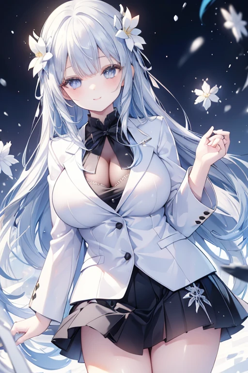 young girl, blue hair, silver eyes,beautiful and detailed eyes, big breasts, long hair, happy smile, black shirt,white blazer, black mini skirt, (snow scene, snow flowers)