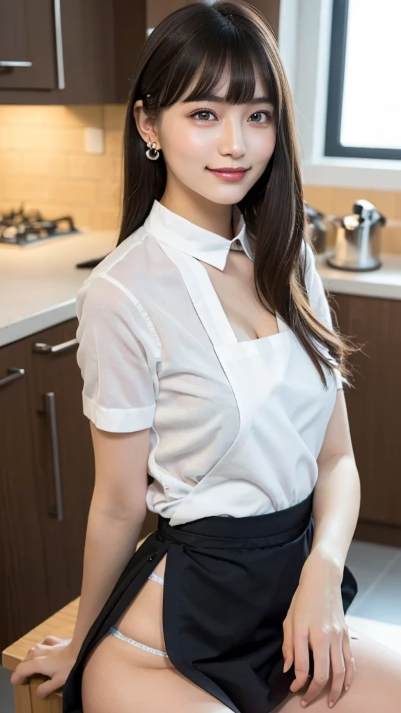 (High resolution、High resolution、high quality、High resolution、Draw everything in high resolution)、Vivid crystal light blue eyes、Very small diamond-shaped earrings、Look straight at the camera、Listen carefully、light in your eyes、droppy big eyes,Beautiful very short black hair、Beautiful hair with beautiful and very short bangs、Straight beauty Bang、Beautiful neckline、Beautiful 20 years old、Lip gloss、Long neck、smile、Beautiful teeth alignment、beauty、Beautiful woman、(naked white shirt with collar, black cafe naked apron, panty,cameltoe:1.15)、(medium breasts,cleavage,slender waist:1.10),Lengthen the left and right ends of your bangs、Beautiful composition、Beautiful Supermodel、Naked from the waist up,(sitting with spreading legs in the kitchen,panty in skirt:1.25)