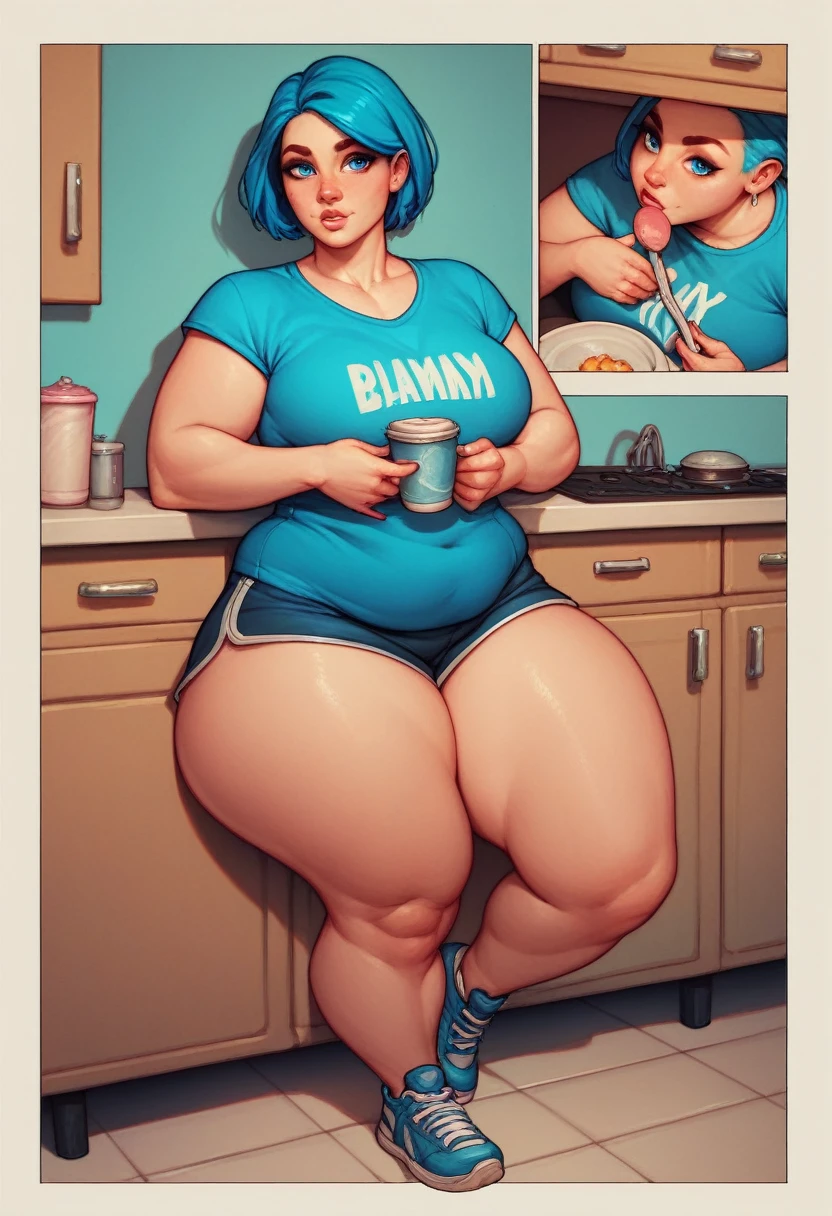 woman plump, pans jogger, blondy hair, blue eyes, busty. Blue low-cut t-shirt. Comic style. Thick thighs, full body