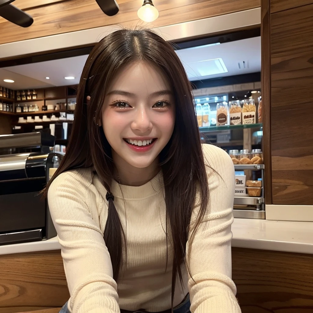 High-angle, Cowboy shot of a beautiful girl smiling cheerfully in a coffee shop.