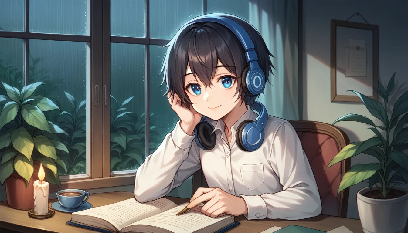 1girl, solo, blue eyes, (detailed eyes), gentle smile on her face flat chest, short hair, black hair, upper body, wearing a white dress shirt ((masterpiece, illustration, best quality)) rainy night, a girl studying while listening to music with headphones, the night view is very beautiful with beautiful candle on her table. there are plants in the background, She is typing her laptop with a beautiful night view with books and plants in the background with coffee on the desk