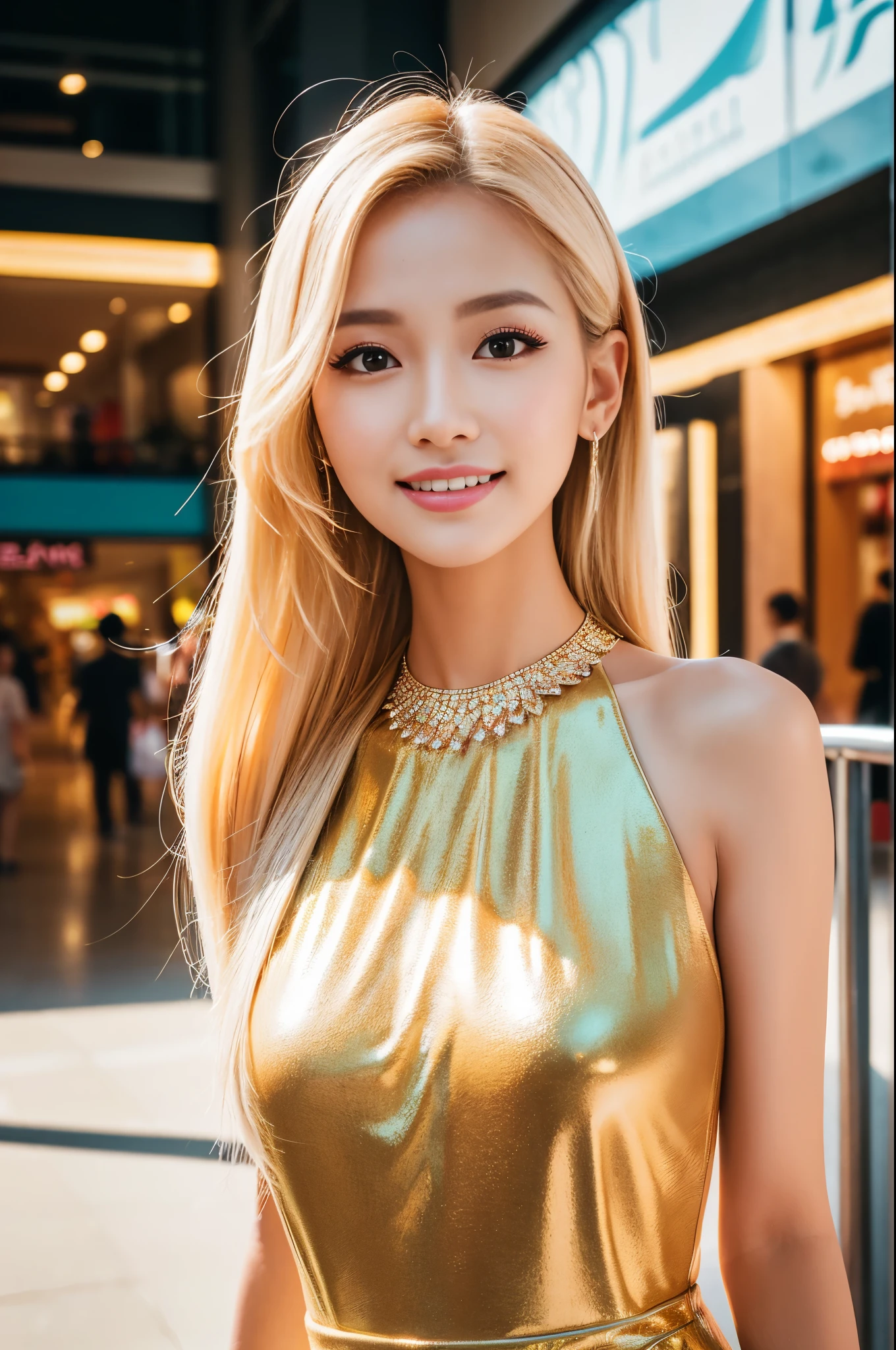 (best quality, 4k ,8k, highres, masterpiece:1.2), ultra-detailed, (realistic, photorealistic, photo-realistic:1.37), closeup, beautiful Thai woman, (slim girl), (happy smile), long lashes, beautiful makeup, platinum blonde hair, fair skin, slender figure, elegant posture, wearing large sparkling colorful jewelery, wearing a business style leather dress, standing in a large shopping mall, gentle sunlight shining through the shopping mall windows, casting a soft glow on her face, adding warmth to the scene, vibrant colors, capturing the essence of vibrant city life, portrait style, showcasing her natural beauty and grace in a feminine way
