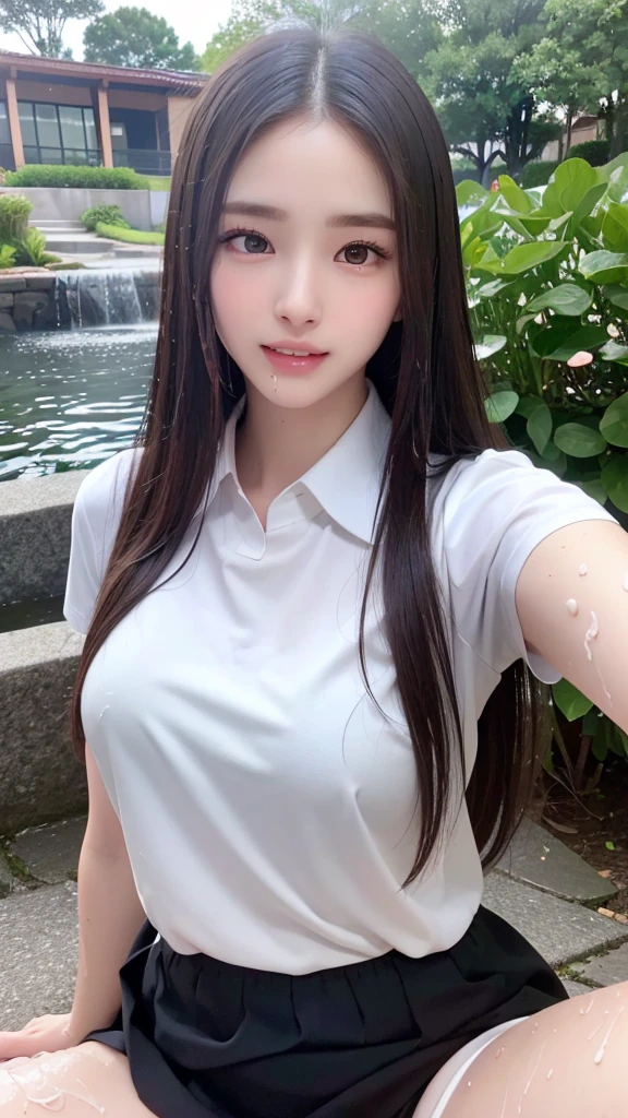 (Highest quality)、(Realistic:1.4)、(Small Face:1.4)、(High School Uniform:1.4)、((masterpiece,Highest quality:1.4))、(8k:1.4)、(The whole body gets wet with water:1.4)、(Focus on the upper body:1.4)、(skirt-lift:1.4)、alone、bangs、Look straight into the lens、Brown eyes、Big smile、alone、Heavy makeup、(Black panties:1.4)、(garter belt)、(Big Breasts:1.4)、Small Mouth、(Long Hair:1.4)、One Girl、28 years old、((Perfect Fingers:1.4))、(Detailed facial depiction:1.4)、Symmetrical body、(Symmetrical eyes:1.1)Symmetrical face、There is a shadow、Droopy eyes、(Spread your legs:1.4)、Long eyelashes、Double teeth、(Aligning your teeth:1.4)、Sharp contours、Shooting with a single-lens reflex camera、Korean Idol、Sleep on your back、Thin and well-formed eyebrows