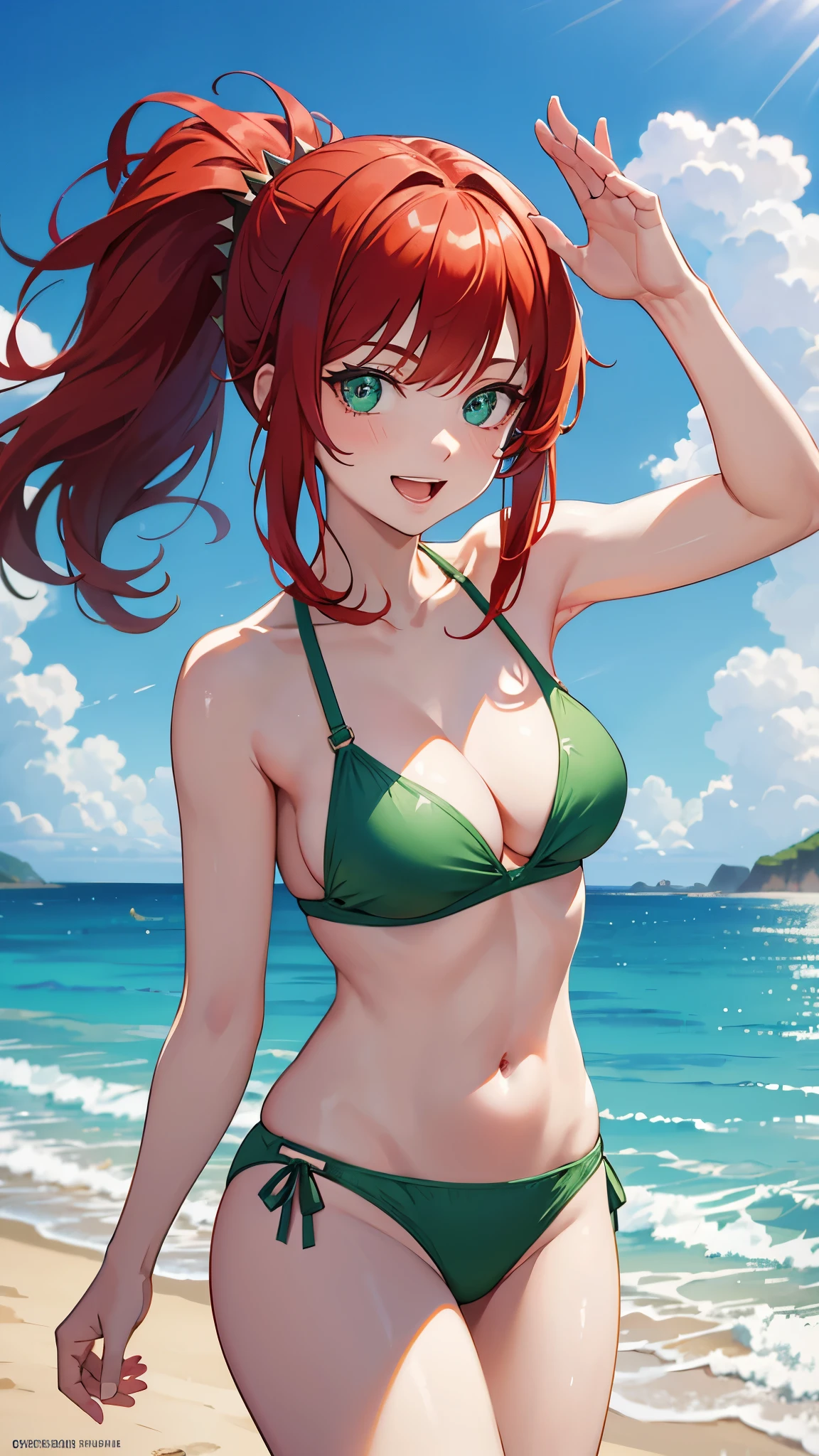 Red hair, green eyes, short ponytail,
smile, happy, open mouth, spiky hair, cleavage, green bikini,
green swimsuit, sunlight, beach, cowboy shot, sand, beach ball, ultra-detailed, absurdres, unreal engine, masterpiece, best quality, beautiful eyes, volumetric lighting, silky_hair), best quality, ultra-detailed, solo, looking at viewer, highres, 8k wallpaper, extremely detailed, smooth lighting, 8k, depth of field, masterpiece, cinematic