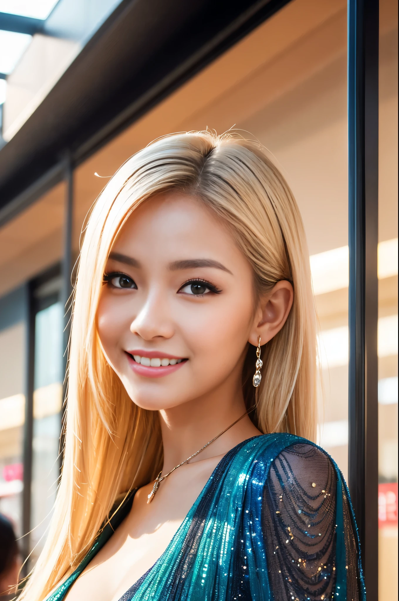 (best quality, 4k ,8k, highres, masterpiece:1.2), ultra-detailed, (realistic, photorealistic, photo-realistic:1.37), closeup, beautiful Thai woman, (slim girl), (happy smile), long lashes, beautiful makeup, platinum blonde hair, fair skin, slender figure, elegant posture, wearing large sparkling colorful jewelery, wearing a business style leather dress, standing in a large shopping mall, gentle sunlight shining through the shopping mall windows, casting a soft glow on her face, adding warmth to the scene, vibrant colors, capturing the essence of vibrant city life, portrait style, showcasing her natural beauty and grace in a feminine way