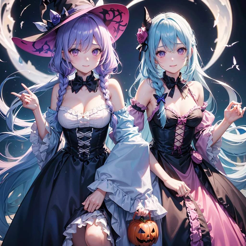 (Light blue medium hair),(Braided hair tied together)、Pink eyes、Fair skin、cowboy shot、Halloween、The background is a pumpkin ghost、Trick or Treat、A lot of sweets、witch、Halloweenナイトパーティー、Candy、Cosplay、A surprising smile、solo、(masterpiece、Highest quality、Very detailed、Best Shadow)、(Detailed Background)、(Beautifully detailed face)、High contrast、(Best lighting、Very delicate and beautiful)、(Cinematic Light)、colorful、Hyper Detail、Dramatic Light、Exquisite detail、