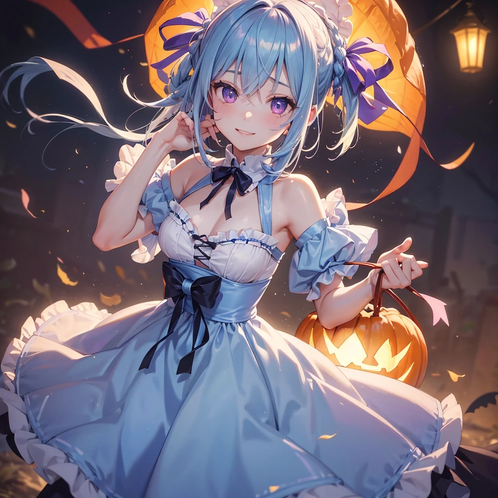 (Light blue medium hair),(Braided hair tied together)、Pink eyes、Fair skin、cowboy shot、Halloween、The background is a pumpkin ghost、Trick or Treat、A lot of sweets、witch、Halloweenナイトパーティー、Candy、Cosplay、A surprising smile、solo、(masterpiece、Highest quality、Very detailed、Best Shadow)、(Detailed Background)、(Beautifully detailed face)、High contrast、(Best lighting、Very delicate and beautiful)、(Cinematic Light)、colorful、Hyper Detail、Dramatic Light、Exquisite detail、