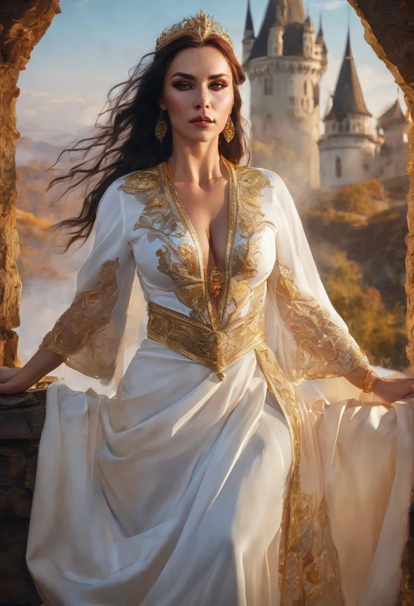 beautiful amazingly woman, hyperrealism, sharp, detailed environment, vivid colors, close up portrait, buxom 35 year old sorceress, seductive white dress, gold eyes, a full body pucture