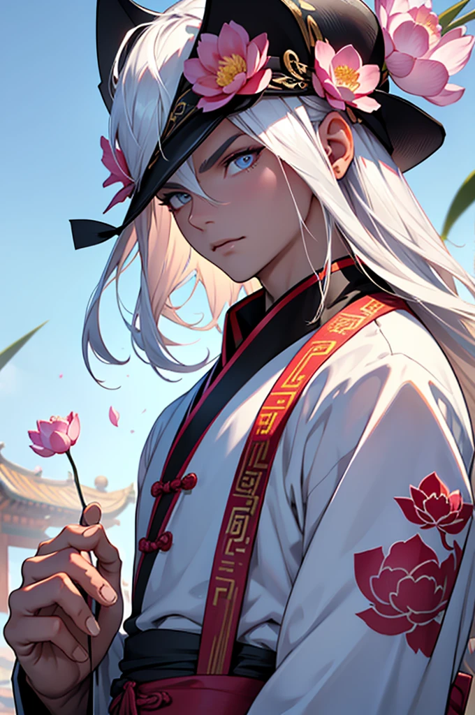 best qualityer,ultra detali,realisitic:1.37),LONG white hair, pink iris,tall and strong man, moderno, black chinese traditional clothing with chinese dragon pattern, milky and smooth skin, with a dagger in his hand, lotus flower particles,d&charachter,sharp focus,Physically based rendering,proffesional,bright coloured,bokeh,portraite, anatomically perfect hands, pleasant and beautiful face, fierce gaze