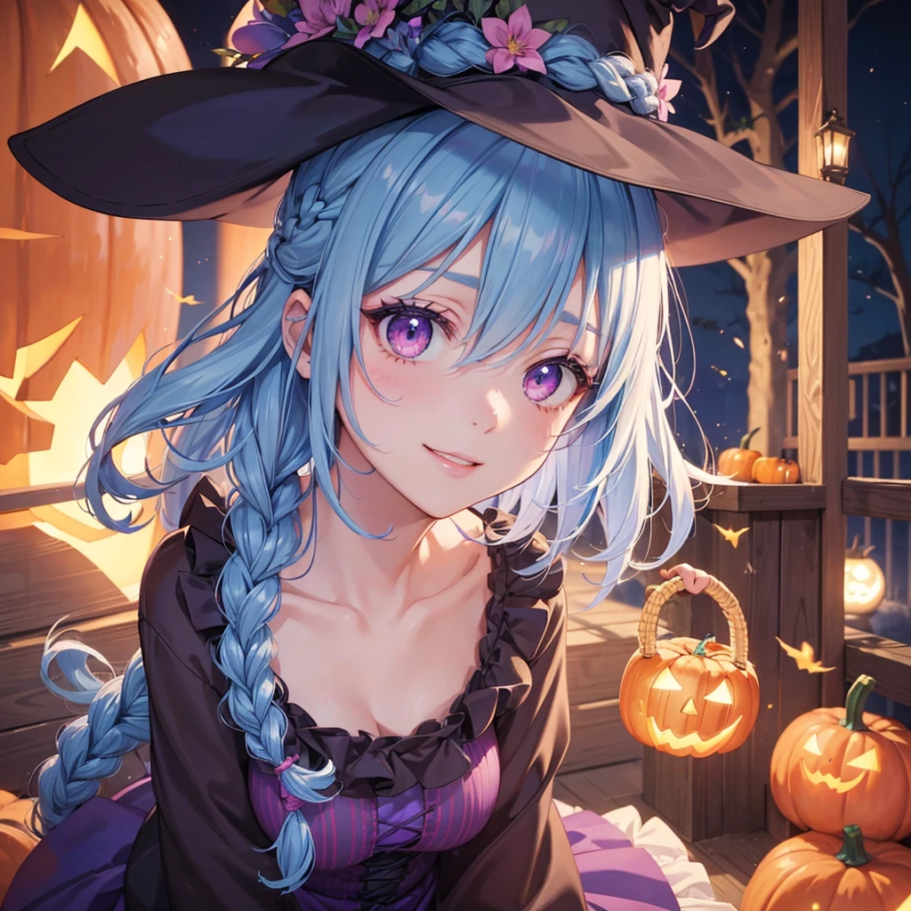 (Sky Blue Hair),(Braided medium hair), (Pink Eyes),Fair skin) ,(whole body),(One Girl),(Crescent Moon),(There are many pumpkin ghosts in the background),(Trick or Treat),Halloween Night Party),(masterpiece, Highest quality, Very detailed, Best Shadow), (Detailed Background), (Beautifully detailed face), High Contrast, (Best lighting, Very delicate and beautiful), ((Cinematic Light)), Hyper Detail,8k, Dramatic Light, Intricate details,Witch&#39;s Clothes,Magic broom,night,Flying bats in the sky,