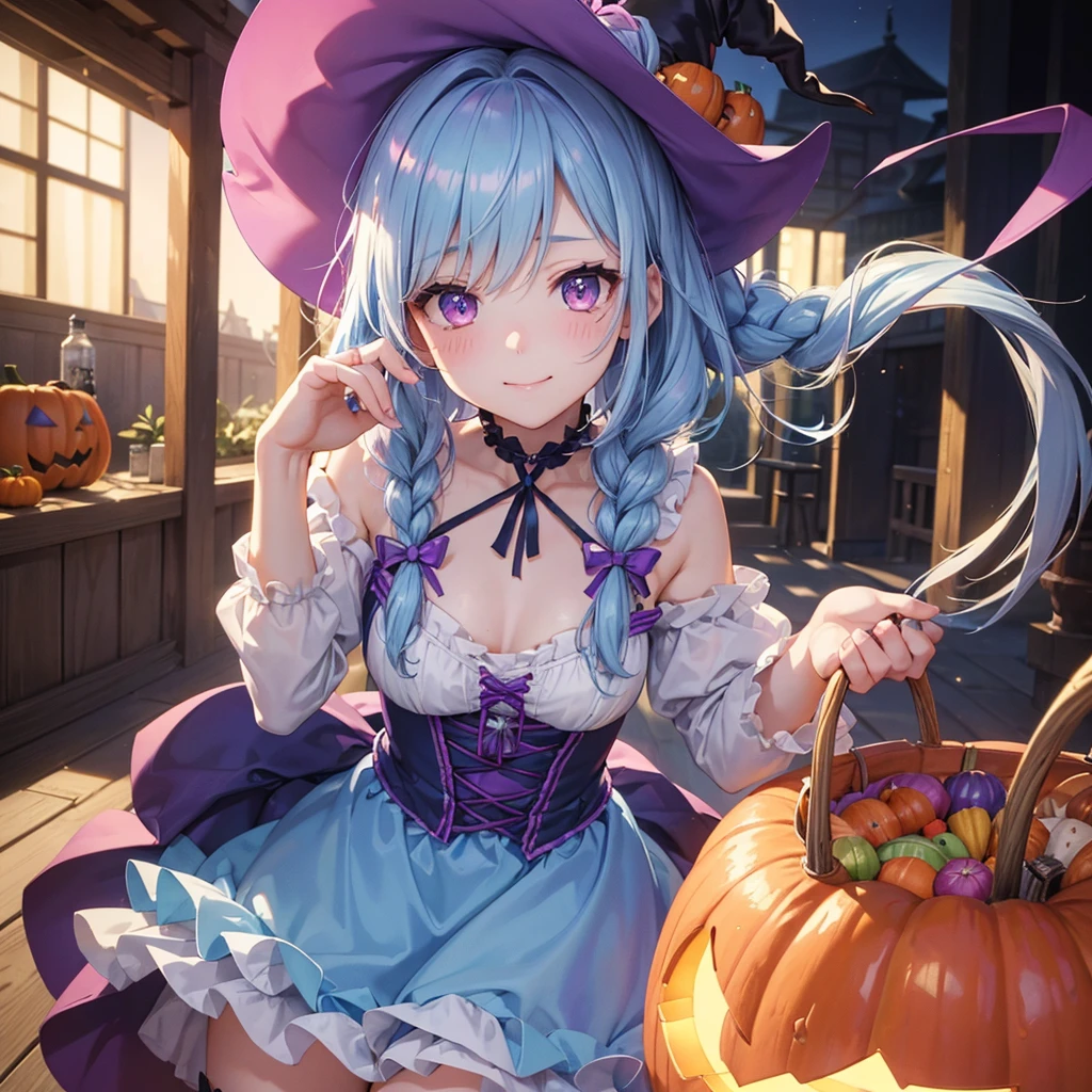 (Light blue medium hair),(Braided hair tied together)、Pink eyes、Fair skin、cowboy shot、Halloween、The background is a pumpkin ghost、Trick or Treat、A lot of sweets、witch、Halloweenナイトパーティー、Candy、Cosplay、A surprising smile、solo、(masterpiece、Highest quality、Very detailed、Best Shadow)、(Detailed Background)、(Beautifully detailed face)、High contrast、(Best lighting、Very delicate and beautiful)、(Cinematic Light)、colorful、Hyper Detail、Dramatic Light、Exquisite detail、
