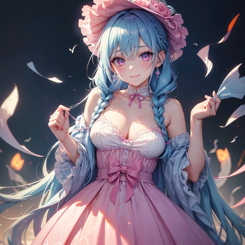 Sky blue hair, (Braided Ponytail),(Pink Eyes),Fair skin ,(whole body),(1 Girl),bride,blush,Straight bangs, 6月のbride,Wedding dress,(masterpiece, Highest quality, Very detailed, Best Shadow), (Detailed Background), (Beautifully detailed face), High Contrast, (Best lighting, Very delicate and beautiful), ((Cinematic Light)), colorful, Hyper Detail, Dramatic Light, Intricate details,Wedding hall,Rose flower。